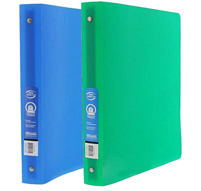 BAZIC 1" Matte Color Poly 3-Ring Binder w/ Pocket for School, Home, or Office, 2-Count Random Color