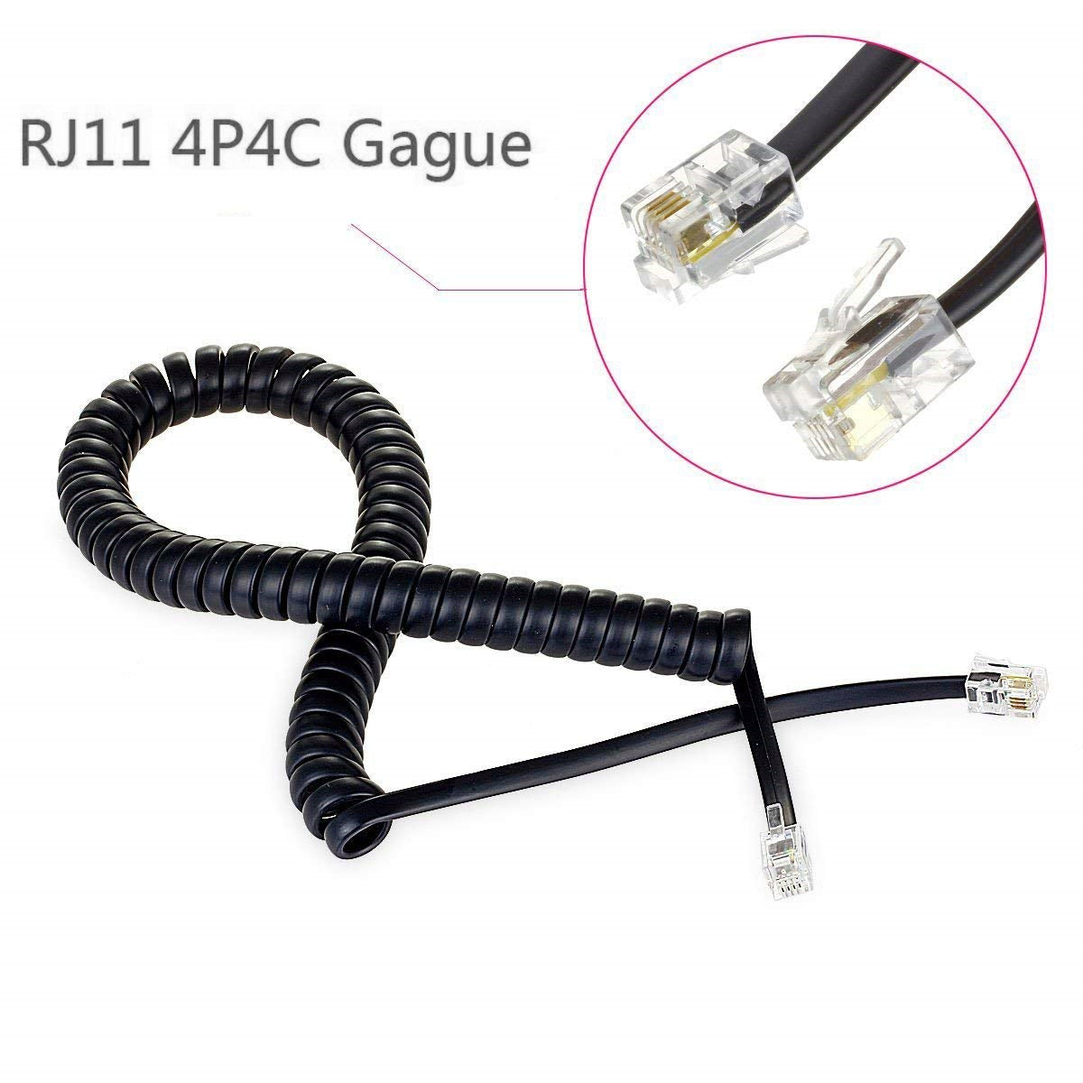 Telephone Handset Cord 2M Modular Coiled Black Curly Cord RJ11 Telephone Line 4P4C - 2 Pack