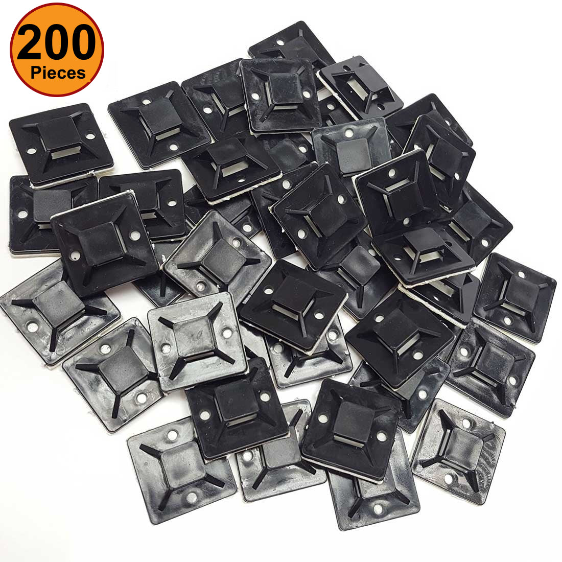 NiftyPlaza Cable Ties Mounts, Self ADHESIVE Clips Base Nylon, (20mm x 20mm) - 200 Black Cable Tie Mounts