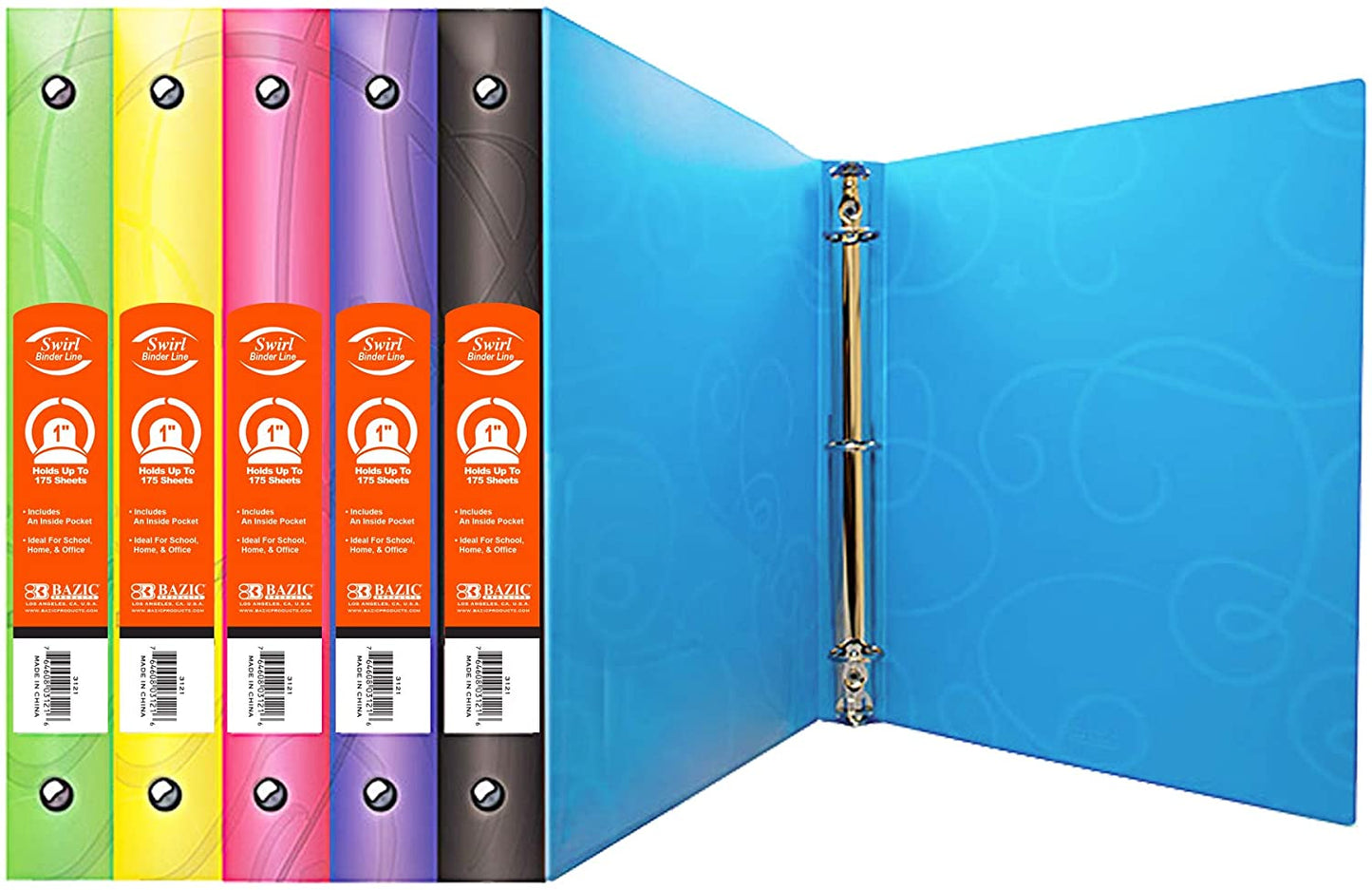 BAZIC 3 Ring Binder 1" Poly Binders Organize Swirl Color Soft Cover Round Ring Hold 175 Sheets Paper 2-Count Random Color