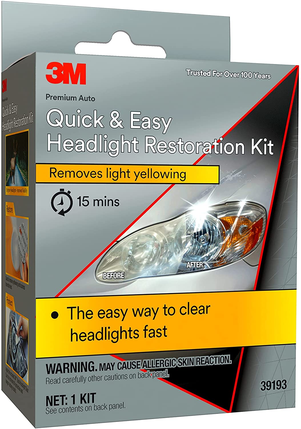 3M Quick and Easy Headlight Restoration Kit, Removes Light Yellowing in 15-Minutes - 39193 Easy to Use