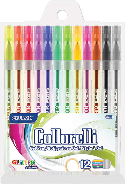 BAZIC Collorelli Gel Pen 1.0mm Glitter Color, 12-Count Acid Free Smooth Writing Drawing Coloring Greeting Card Art Gift
