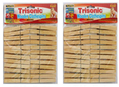 Wooden Clothes Pins - 2 Pack 48 Pcs Close Wire Springs - Drying, Hanging, Clothes, Laundry and Linens 3½" Long - TriSonic