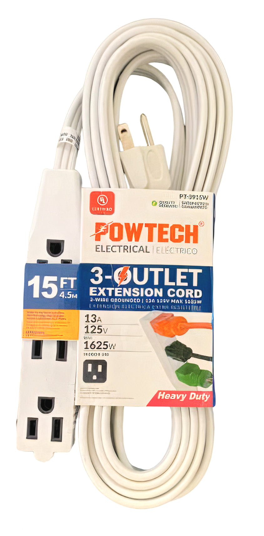 UL 3 Outlet Banana Extension 15 ft white Grounded Indoor Home Office Extension Cord