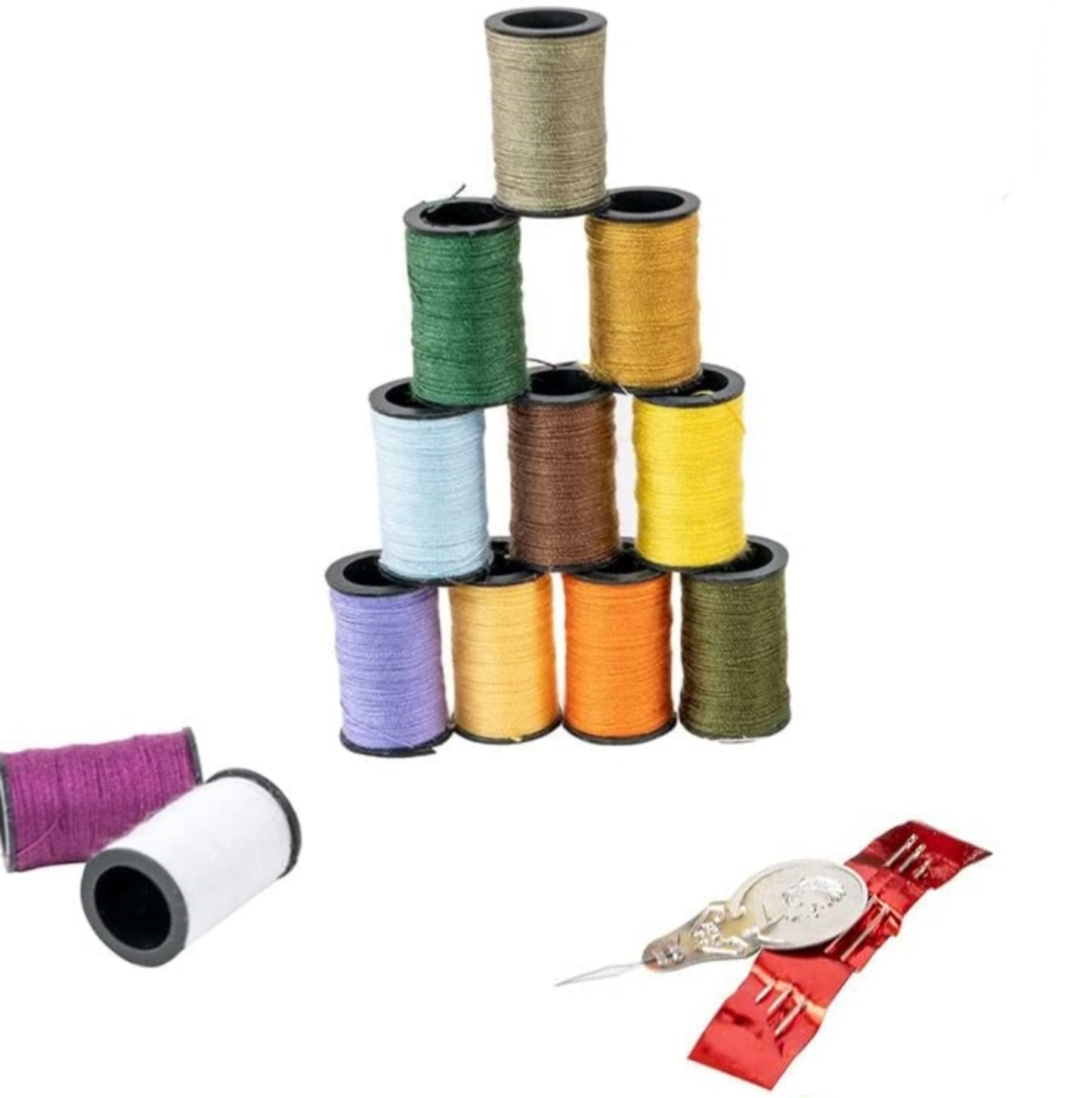 12pc Assorted Colors Sewing Thread Spool Cotton All Purpose Art Craft Projects Bonus Needles, Needle Threader