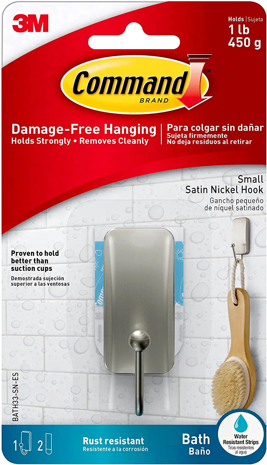 Command Small Bath Hook, Satin Nickel, 1-Hook, 2-Small Water-Resistant Strips, Organize Damage-Free
