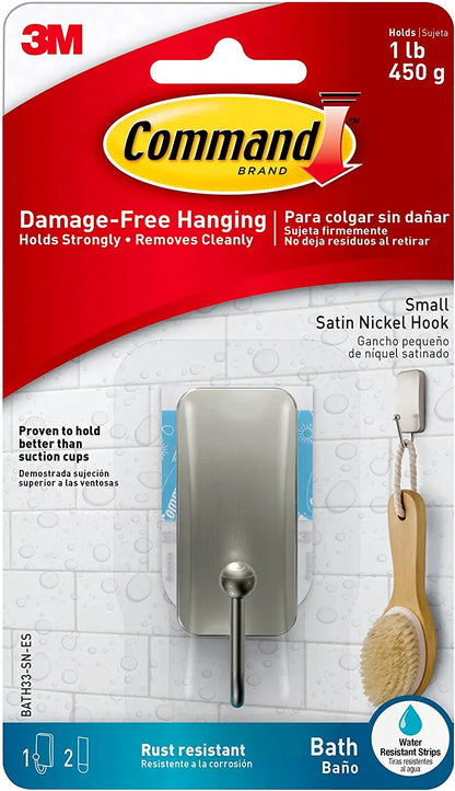 Command Small Bath Hook, Satin Nickel, 1-Hook, 2-Small Water-Resistant Strips, Organize Damage-Free