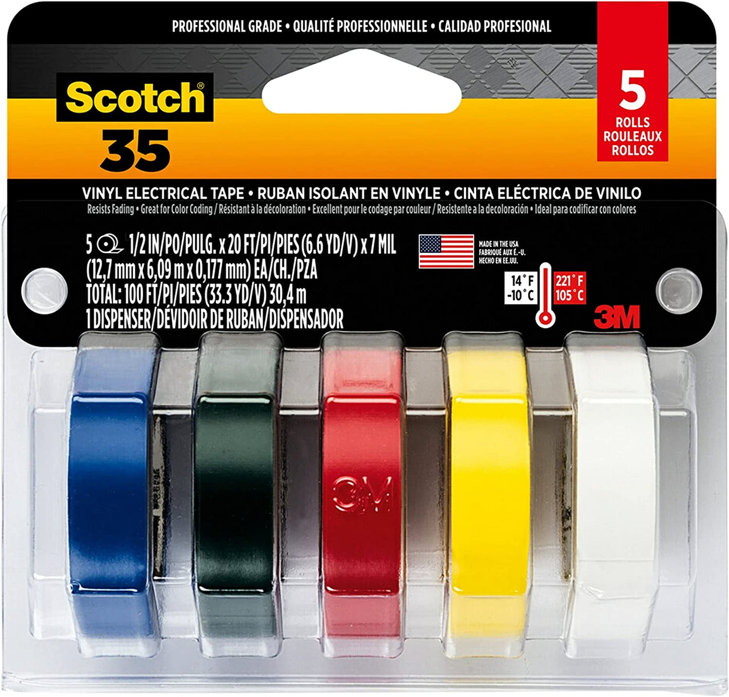 3M Scotch Electrical Tape, Multi-Color Value Pack, 5 Rolls durable premium vinyl material