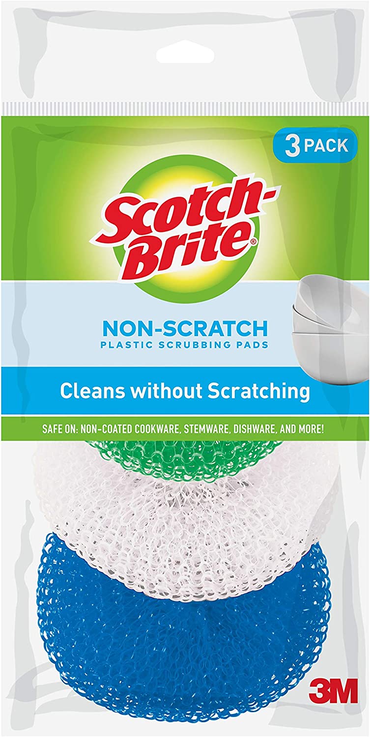 Scotch-Brite Non-Scratch Plastic Scrubbing Pads, Cleans Dishes Without Scratching, 3 Scrubbing Pads