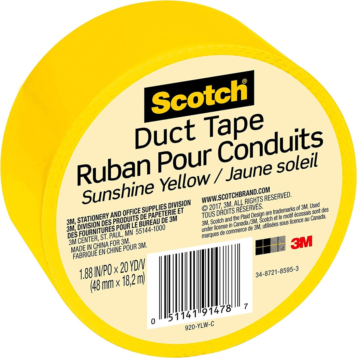 Scotch® Duct Tape, 1.88 in x 20 yd (48 mm x 18,2 m), Sunshine Yellow, 1 Roll