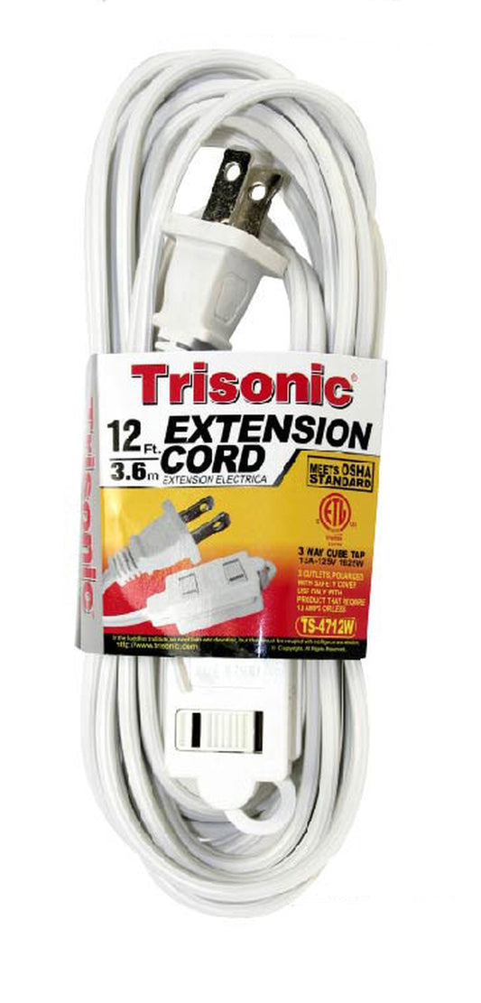 12 FT White Extension Cord, 16 Gauge Power Cord with 3 Recepacle Cube Tap UL Trisonic