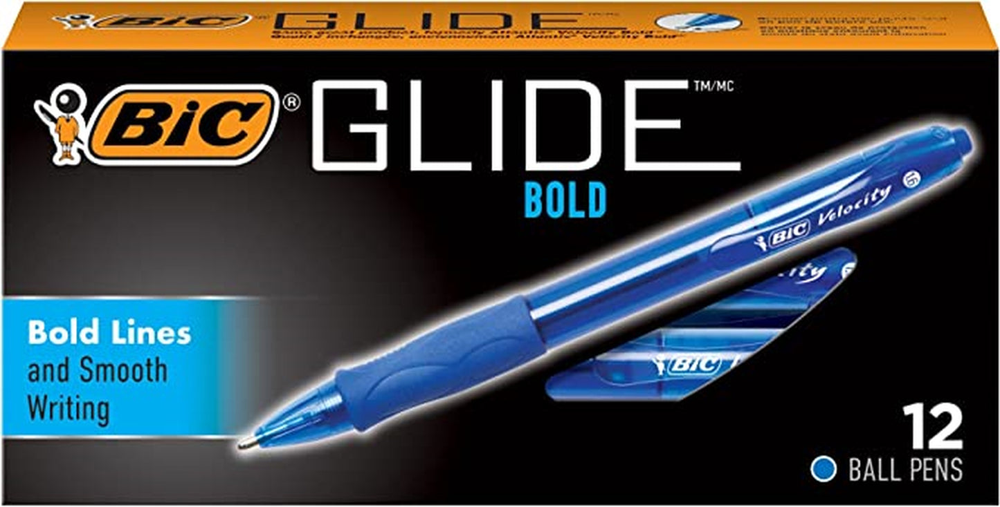 BIC Glide Bold Retractable Ball Pen, Bold Point (1.6mm), Blue, 12-Count, Rubber Grip Comfortable Writing