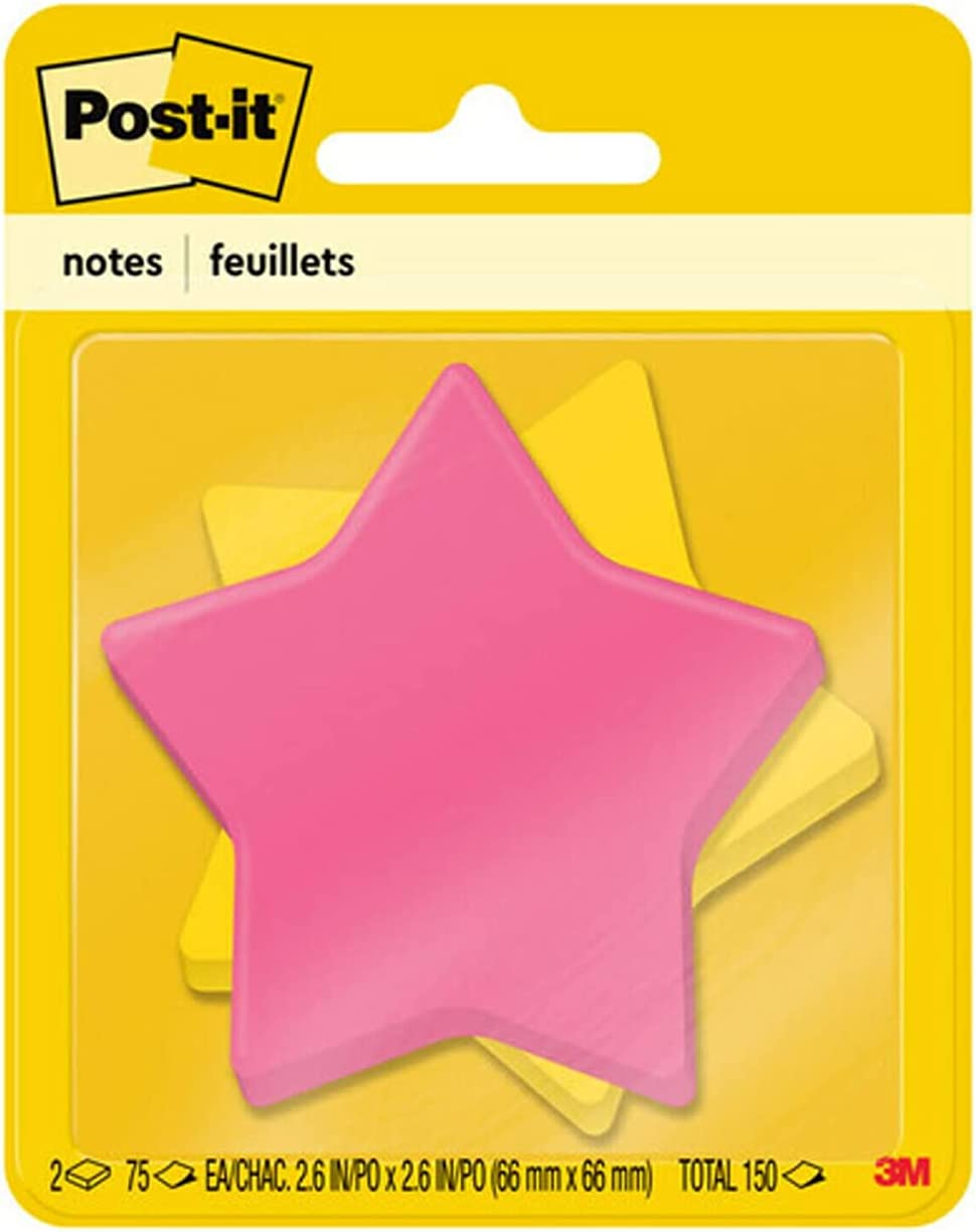 Post-it Notes, Star Shape, Yellow and Pink with pattern, 2.9 in x 2.8 in, 2 Pads, 75 Sheets/Pad (7350-STR)