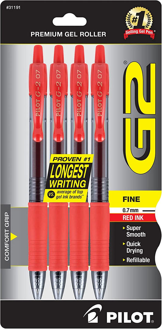 PILOT G2 Premium Refillable, Retractable Rolling Ball Gel Pens 4-Count Fine Point Red Ink