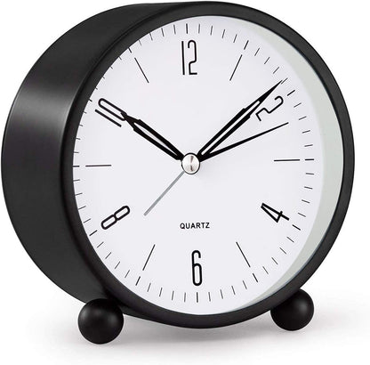 Analog Alarm Clock, 4 Inch Round Non Ticking, Battery Operated, Light Function, Desk/Bedroom