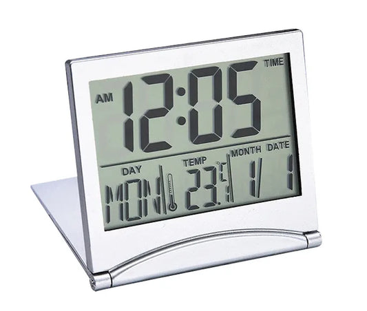 Digital Travel Alarm Clock Foldable LCD Snooze Large Number Display Battery Operated Silver (NO Light)